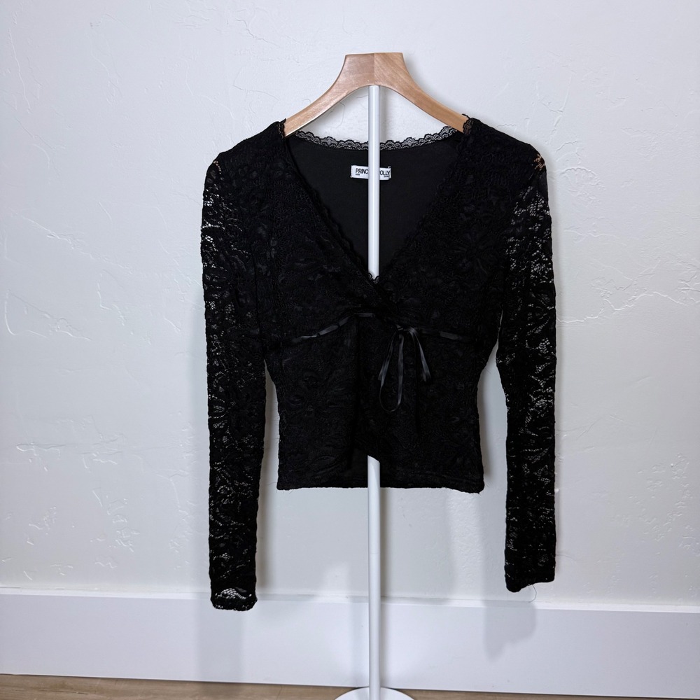 Lace Long Sleeve V-Neck Ribbon Tie Top | Romantic Floral Sheer Blouse US 8